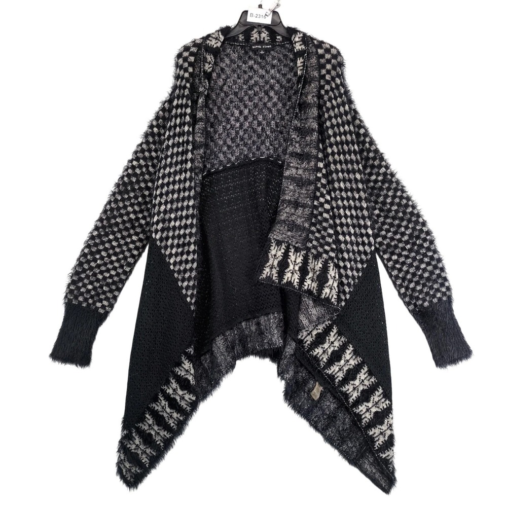 Black Rivet Check Long Open Knit Cardigan Sweater Womens S Fuzzy Metallic Goth